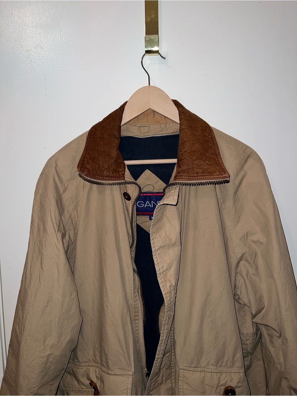 Gant Beige Field Jacket with Brown Leather Collar - Picture 2 of 10